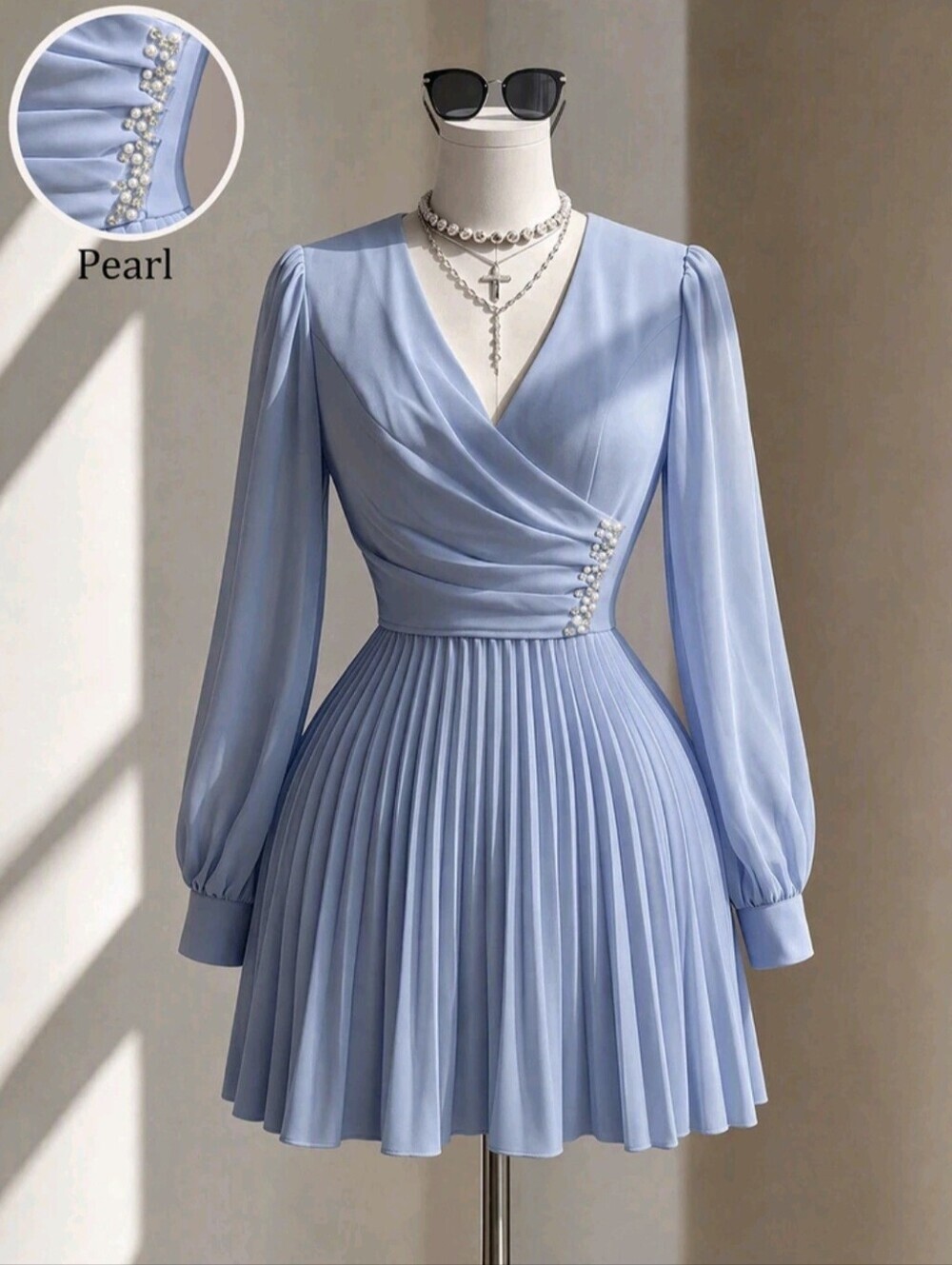 Women's Chiffon Wrap Puff Sleeve Cinched Waist A-Line Pleated Mini Dress Pearl